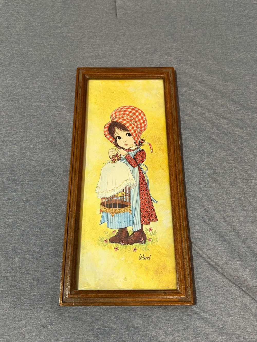 Vintage 'Ward' Girl with Birdcage Framed Art - Yellow Background